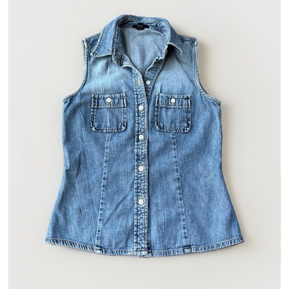 VTG Gap Women XS Sleeveless Denim Shirt Button Up Blue Jean Collared Top 90s Y2K